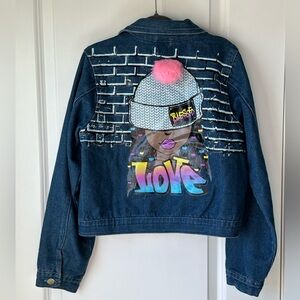 ✨ Girls Denim Jacket 14/16 Graphic Back Pom Pom Hat Streetwear 💙